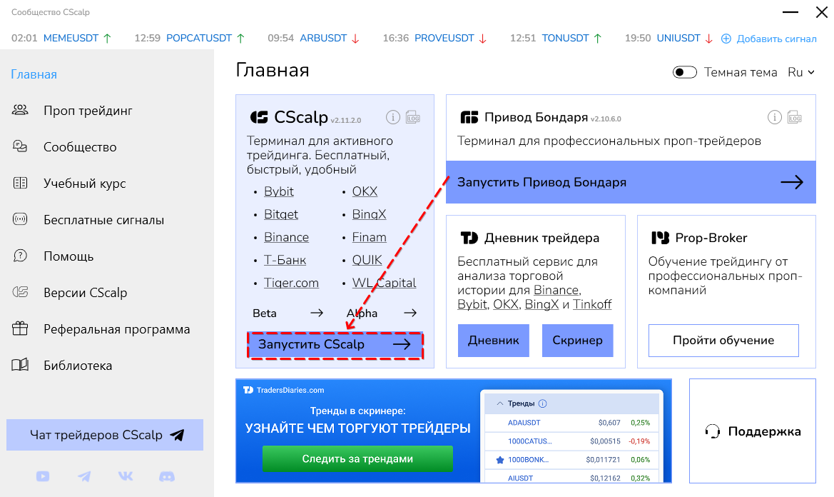 Главный экран CScalp с отмеченной кнопкой запуска терминала
